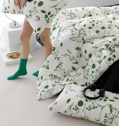 Sage Botanical Comforter Queen White Green Floral Plant Bedding Comforter Set Girls Garden Pattern Printed on White Blanket Rustic Leaf Blossom Women White Farmhouse Comforter Queen