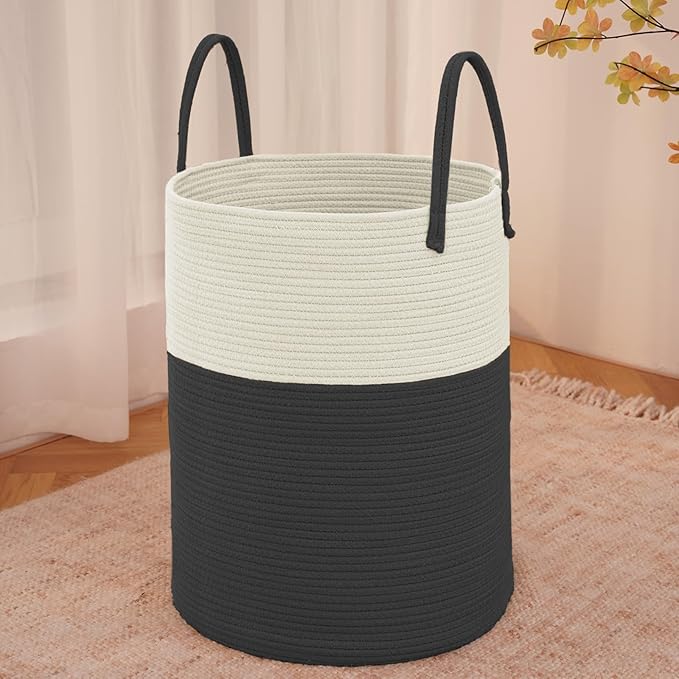 Large Woven Laundry Basket Hamper,100L Cotton Rope Storage Bin for Blankets,Toys and Clothes,Decorative Tall Nursery Hamper for Living Room,Baby Nursery,Bathroom and Bedroom,White and Black
