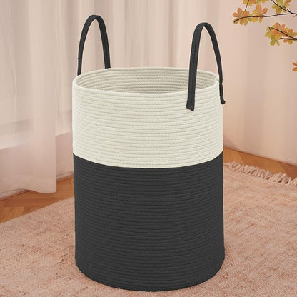 Large Woven Laundry Basket Hamper,100L Cotton Rope Storage Bin for Blankets,Toys and Clothes,Decorative Tall Nursery Hamper for Living Room,Baby Nursery,Bathroom and Bedroom,White and Black