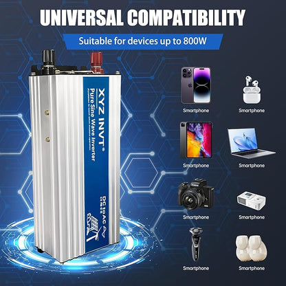800W Pure Sine Wave Power Inverter DC 24V to AC 110V/120V, 1600W Peak, Car/Truck Power Converter for Solar, Home, Vehicle & Rechargeable Devices with LED Display