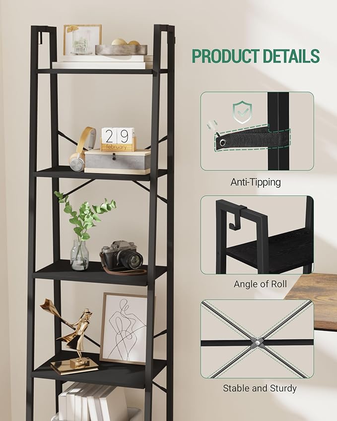 Ladder Shelf, Bookshelf Bookcase, Freestanding Corner Storage Shelve with 2 Hooks for Home Office, Living Room, Kitchen, Bedroom, Industrial, 5-Tier Black BC19204B