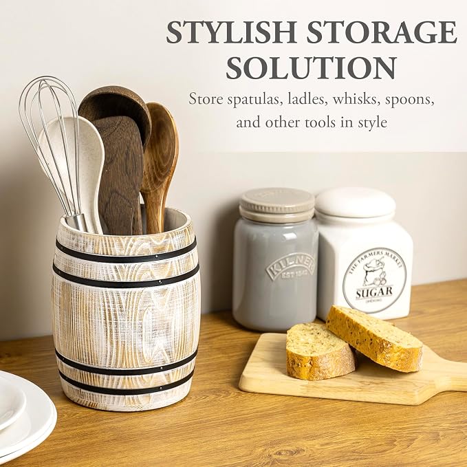 MyGift Whitewashed Wood Wine Barrel Kitchen Utensil Holder Crock | Vintage wine barrel design adds rustic charm while keeping cooking utensils organized and accessible on kitchen counters