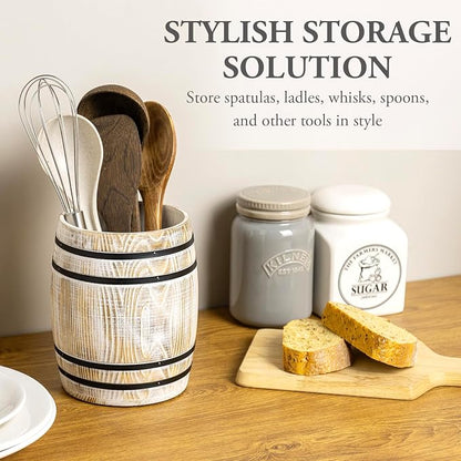 MyGift Whitewashed Wood Wine Barrel Kitchen Utensil Holder Crock | Vintage wine barrel design adds rustic charm while keeping cooking utensils organized and accessible on kitchen counters