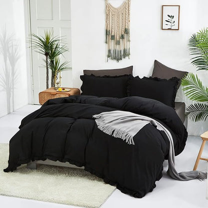 Black Ruffled Comforter Set Cal King Size Bedding Set Women Black Ruffles Blanket Men California King Ruffled Comforter Farmhouse Ruffle Fringe Design Girls 3 PCs Black Ruffled Bedding Set