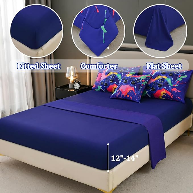 Gamer Comforter Set for Boys Kids, 6 Pcs Bed in a Bag Game Controller Boys Bediing Set Twin Size for All Season