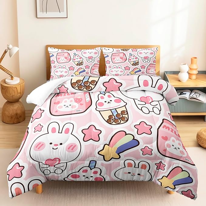 CVHOUSE Kawaii Bedding Queen Size,Kawaii Rabbit Bedding Set for Girls Kids,Cute Rabbit Comforter Set Kawaii Rabbit Duvet Set Rabbit Pattren Quilt Set Girls Room Decor 3 Pieces