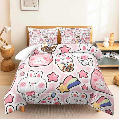 CVHOUSE Kawaii Bedding Queen Size,Kawaii Rabbit Bedding Set for Girls Kids,Cute Rabbit Comforter Set Kawaii Rabbit Duvet Set Rabbit Pattren Quilt Set Girls Room Decor 3 Pieces