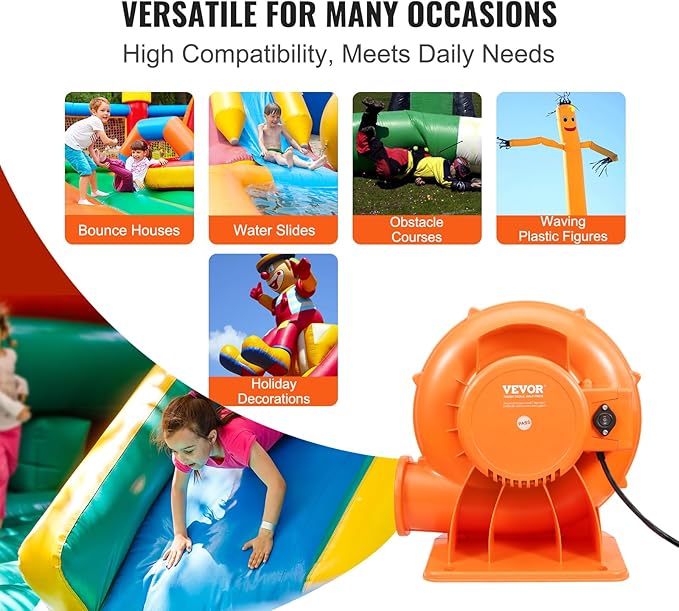 VEVOR Air Blower, 2-Speed Inflatable Blower, 1HP and 1.2HP, Portable and Powerful Bounce House Blower, Commercial Bouncy Castle Electric Blower, Used for Inflatable Bouncy Castle and Jump Slides