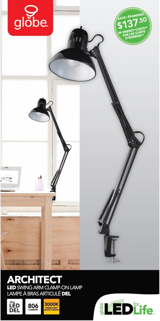 Globe Electric 12641 Architect 32" Swing-Arm Clamp-On Lamp, Black Architect, Finish, LED Bulb Included
