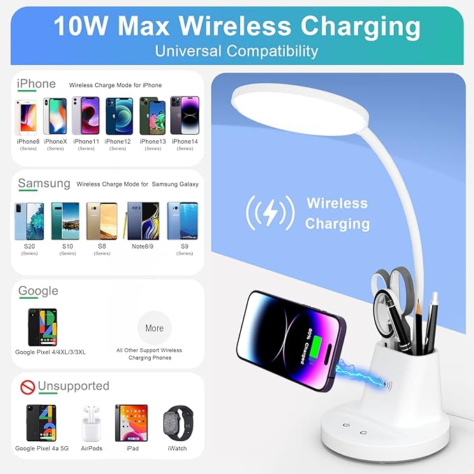 Sailstar Desk Lamp for Home Office, Small Desk Lamp with Wireless Charger & Pen Holder, Cute Desk Lamp LED Dimmable Touch 3 Lighting Modes Memory, Gooseneck White Desk Light for College Dorm Room