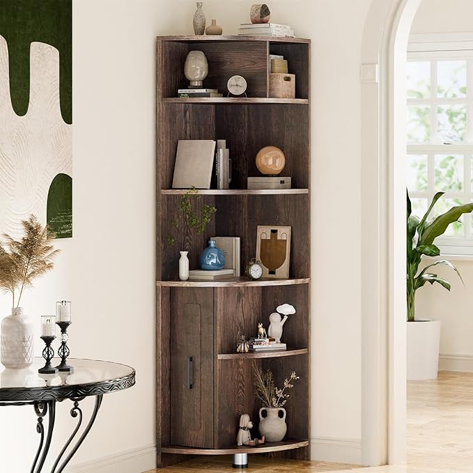 6 Tier Corner Shelf with Drawer, Corner Bookshelf and Corner Bookcase Corner Display Storage Cabinet Stand for Living Room, Bedroom, Office, Small Space, Black Walnut