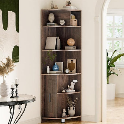 6 Tier Corner Shelf with Drawer, Corner Bookshelf and Corner Bookcase Corner Display Storage Cabinet Stand for Living Room, Bedroom, Office, Small Space, Black Walnut