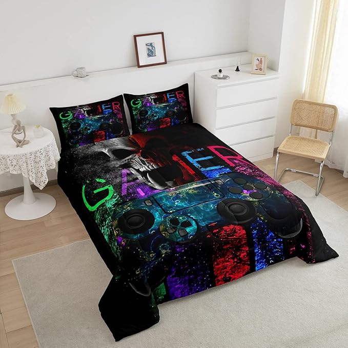 Gamer Bedding Sets for Boys, Gaming Down Comforter Twin Size, Gamer Room Decor Bedding Kids Video Games Comforter Set, Sugar Skull Gamepad Bed Duvet Sets for Men Bedroom,with 1 Marble Pillow Sham