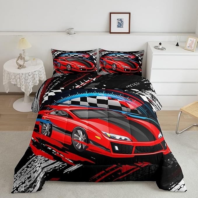 Car Bedding Set For Boys Cool Racing Sports Car Comforter Cover for Kids Children Extreme Sports Theme Comforter Modern Red Automobile Duvet Set Room Decor 1 Comforter With 1 Pillow Case Twin Size