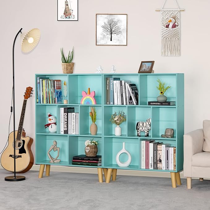 LEYAOYAO 7 Cube Bookshelf 3-Tier Bookcase with Legs, Mint-Green Kids Book Shelf Cute Storage Organizer, Toy Shelves Bookshelves,Wood Display Bookcases
