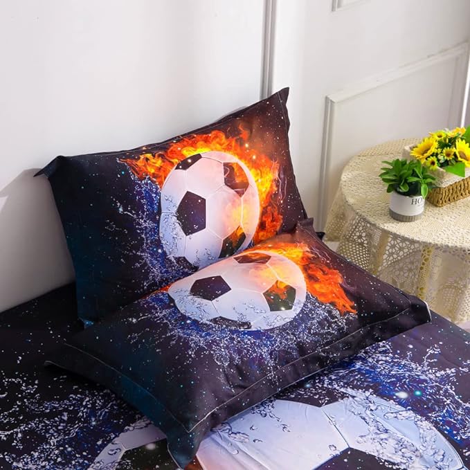 Wajade Football Soccer Comforter Set Bed in A Bag Full Size 3D Galaxy Soccer Ball Sports Bedding Set for Boys Kids (1 Comforter, 1 Flat Sheet, 1 Fitted Sheet, 2 Pillowcase and 2 Pillow Sham)