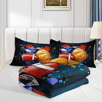 Axolotl Ball Game Bedding Set Queen,Basketball Comforter Set Sports Bedding,Volleyball Comforter Set Soccer Bedding,Football Comforter Colorful Grunge Style for Kids Boys Teens,1 Quilt 2 Pillowcases