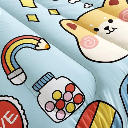 Datura home Kids Comforter Set Kawaii Dogs Bedding Cute Shiba Inu Corgi Printed Pattern Decor with 1 and 2 Pillowcases for Boys Girls All Season(Blue Inu), Twin 68x86inches