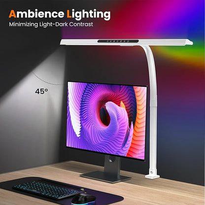 LED Desk Lamp with RGB Backlight, 24W Ultra Bright Architect Workbench Desk Lamps, 60" Timer, 25 Lighting Modes,Eye Protection Clamp Light for Home Office Gaming Reading Working(White)