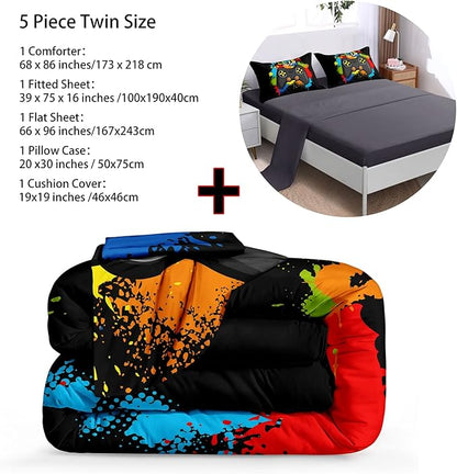 Gamer Comforter Set Gaming Twin Size,Video Game Controller Comforter for Boys Kids Adult 3D Gamepad Microfiber Bedding Sets 5 Pieces Bed in A Bag Sets30019,Twin