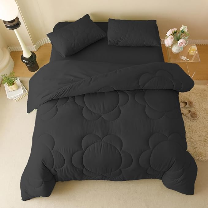 Black Flower Comforter Twin Black Flower Print Bed Twin Comforter Set 3 Pieces Dark Black Floral Comforter Set for Boys Girls Teens Bedroom Decor All Season Hotel Quality Comforter Set