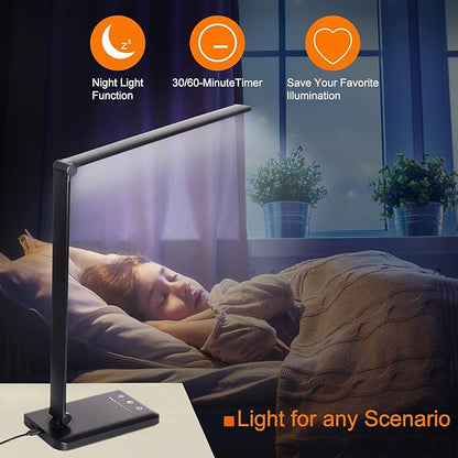 LED Desk Lamp, Eye-Caring Stepless Dimmable Office Table Lamp with USB Charging 4000mAh Battery, Foldable,Touch, 30/60minsTimer,5 Lighting Modes with 5 Brightness Levels.