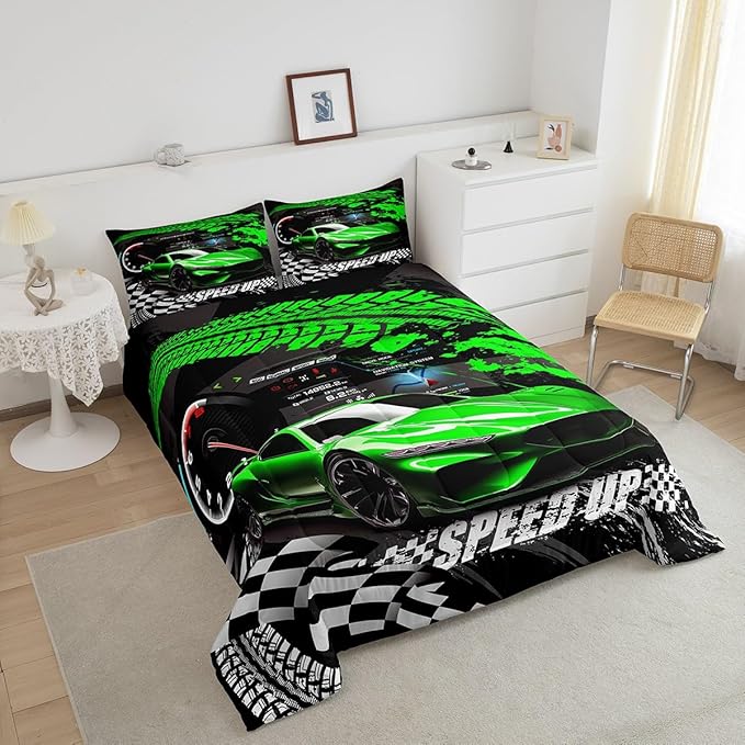 Feelyou Kids Boys Girls Race car Comforter King Size, Green Race Car Buffalo Plaid Comforter Set for Teens Toddler Sports Car Bedding Set Racing Car Duvet Set Room Decor Quilt Set Bedding Collection