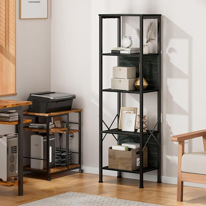 Furologee 5 Tier Tall Bookshelf with Back, Industrial Narrow Bookcase, Display Standing Shelf Units, Metal and Wood Storage Corner Shelves Organizer for Bedroom, Living Room, Entryway, Kitchen, Black