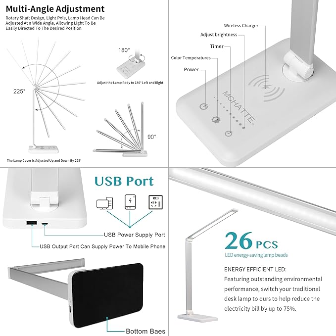 LED Desk Lamp with USB Charging Port, Dimmable Eye-Caring Table Lamps with Wireless Charger, 5 Brightness Levels & 5 Lighting Modes, Touch Control, Auto Timer