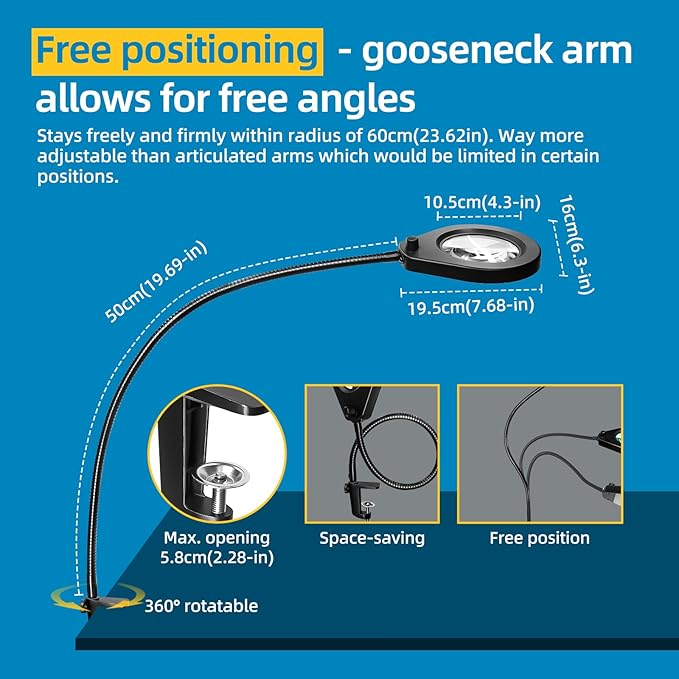 Magnifying with Light and 10X Real Glass Lens, Lighted in 5 Color Temperatures & 10 Dimmable Levels, Desk Edge Clip Mounted, Hands Free Positioning by 19.7' Gooseneck Arm