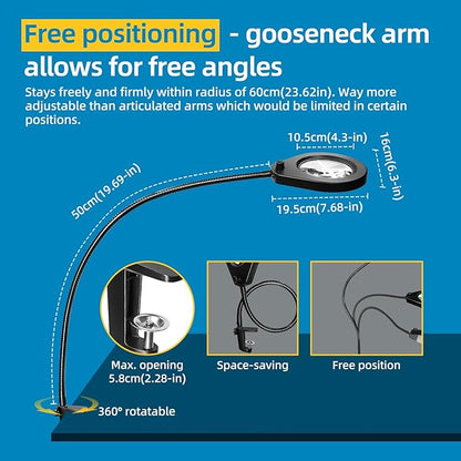 Magnifying with Light and 10X Real Glass Lens, Lighted in 5 Color Temperatures & 10 Dimmable Levels, Desk Edge Clip Mounted, Hands Free Positioning by 19.7' Gooseneck Arm