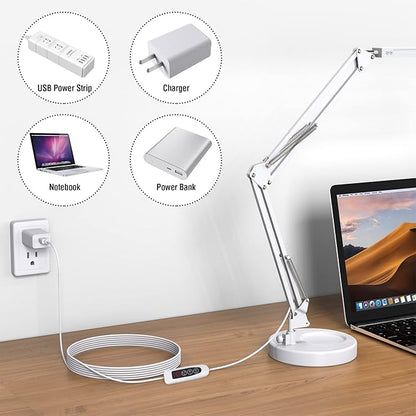 LED Desk Lamp with Clamp and Round Base,Eye Caring Table Lamp with Swing Arm,3 Color Modes 10 Brightness Levels,Memory Function,Desk Light for Home Office with USB Adapter White-14W