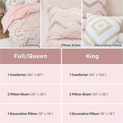 Codi King Size Bedding Sets Pink - Metallic Print Blush Comforter Set - 4 Piece includes 1 Rose Gold Comforter, 1 Decorative Pillow, 2 Pillow Cases - All Seasons Warm