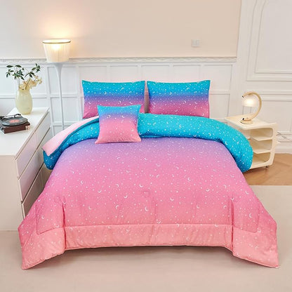 URBONUR 6 Pieces Twin Comforter Set for Girls Moon Star Printed Bedding Set on Gradient Pink Purple Blue, Soft Microfiber All Season Bed Sets for Kids Teen (Twin Size, 6PCS)