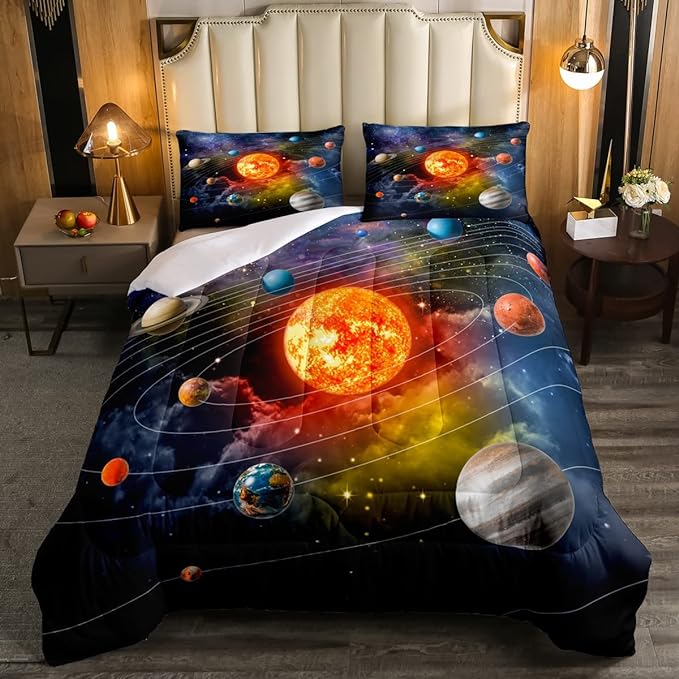 Erosebridal Solar System Bedding Set Queen Galaxy Space Comforter Set for Kids Boys Toddler Outer Space Room Decor Nebula Planets Orbit Comforter Celestial Universe Stars Quilt Duvet 2 Pillowcases