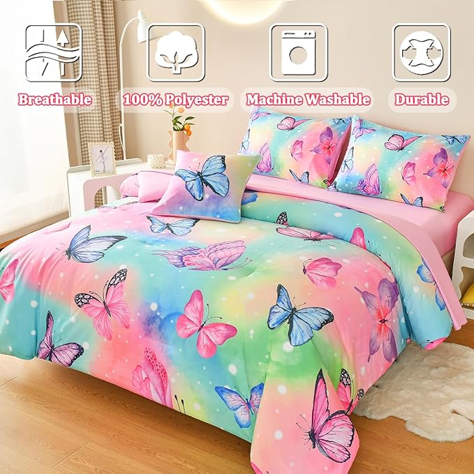 Butterfly Bedding Set Twin, Pink Butterfly Comforter Set for Girls Kids Teens 6 pcs Bed in a Bag Twin Bedding Sets for Girls