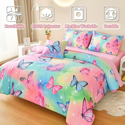 Butterfly Bedding Set Twin, Pink Butterfly Comforter Set for Girls Kids Teens 6 pcs Bed in a Bag Twin Bedding Sets for Girls