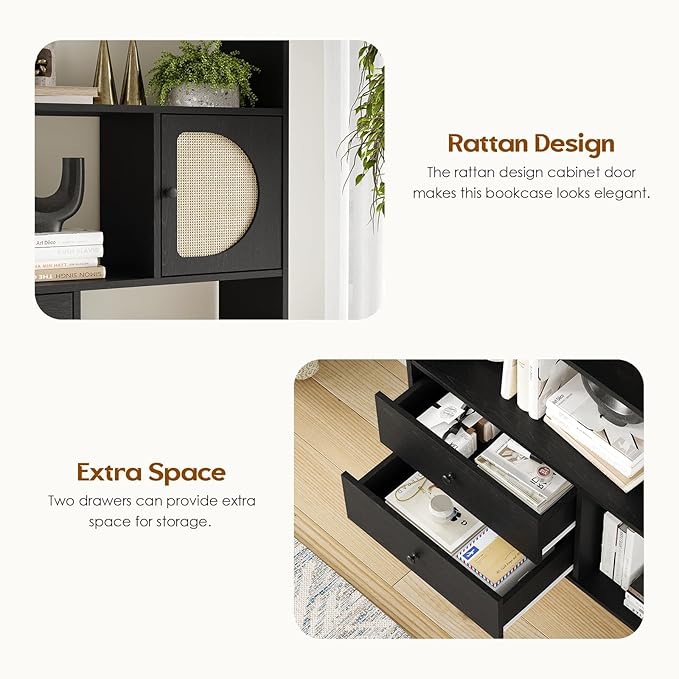 Soohow 4 Shelf Bookcase and Bookshelves with Drawer, 65” Tall Bookcases with Storage Shelves, Bookshelves and Bookcases with Rattan Cabinet and Metal Legs for Home Office, Living Room and Bedroom.