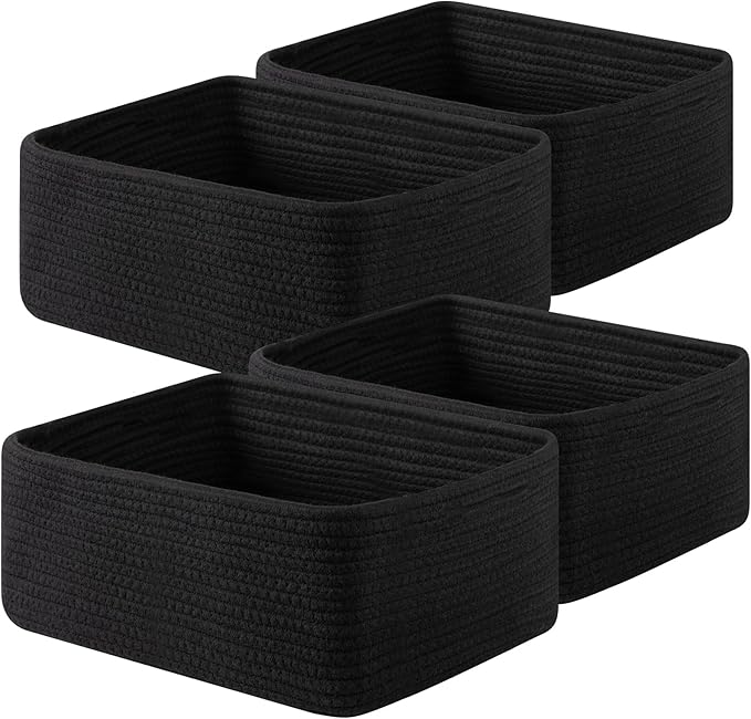 OIAHOMY 4 Pack 14.17*11.02*6.3IN Storage Baskets for Organizing Shelves, Woven Rope Baskets for Organizing Books, Clothes, Decorative Basket for Living Room, Nursery, Bedroom, Gift Basket, Black