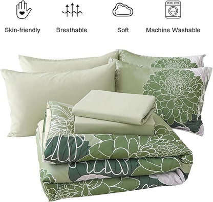 Yiran 7 Pieces Bed in a Bag Green Comforter Set Queen Floral Comforter Soft Microfiber Bedding Set with 1 Comforter 1 Flat Sheet 1 Fitted Sheet 2 Pillowshams and 2 Pillowcases