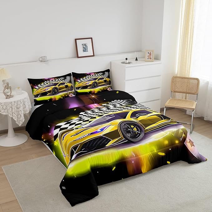Feelyou Yellow Sports Car Comforter Sets King Size, Boys Race Car Bedding for Teens Girls Adult Extreme Speed Race Car Duvet Sets Black and White Grids Print Car Theme Bedroom Decor Quilts