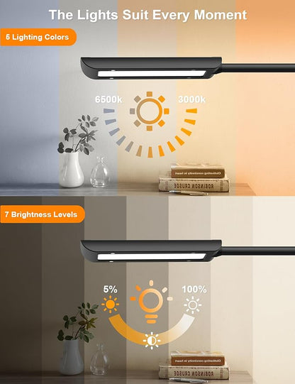 LED Desk Lamp with USB Charging Port, 5 Lighting Modes & 7 Brightness Dimmable Table Lamp, Flexible Gooseneck Lamp, Eye-Caring Reading Light with Memory Function