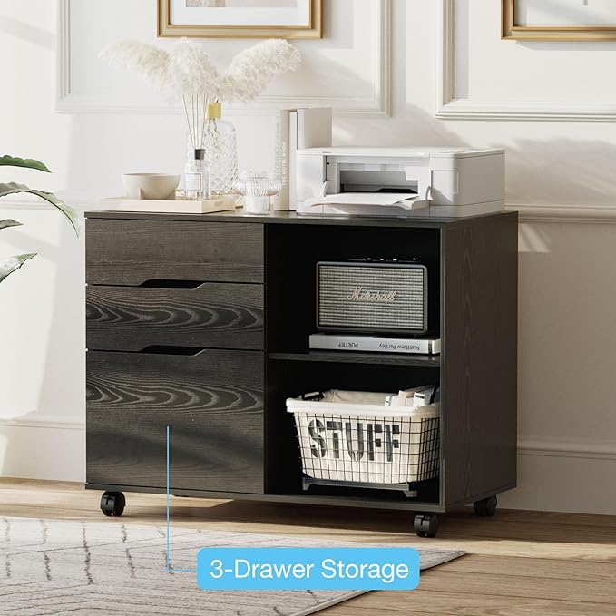 Sweetcrispy 3-Drawer File Cabinet, Lateral Mobile Filing Cabinet Wood Storage Organizer with Wheels, Printer Stand & Open Shelves for Home Office Under Desk Organization - Black
