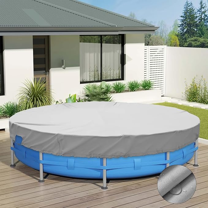 ECOOPTS 9 ft Waterproof Round Polyester Pool Cover for Above Ground Pools, Swimming Pool Cover Protector Winter Safety Cover (Light Grey)