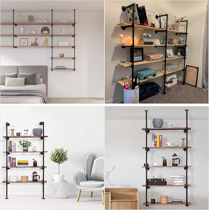 Pynsseu Industrial Iron Pipe Shelf Wall Mount, Farmhouse DIY Open Bookshelf, Pipe Shelves for Kitchen Bathroom, bookcases Living Room Storage, 2Pack of 5 Tier