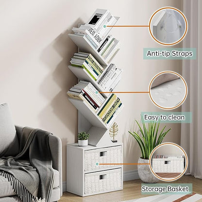 Vagusicc 6 Tier Tree Bookshelf, Modern Floor Standing Bookcase with Storage Drawer, Space Saving Storage Organizer Book Shelves for Books, Tall Wood Storage Rack for Bedroom/Living Room/Home Office