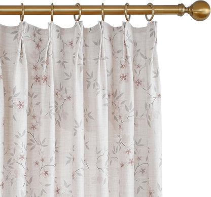 Pink Floral Pinch Pleated Linen Curtains - 2 Panels of Privacy Light-Filtering Printed Curtains Suitable for Dining Rooms and Farmhouses.60 Inches Wide by 100 Inches Long