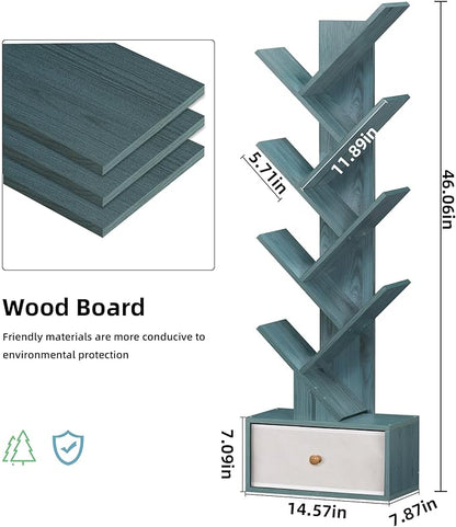 8 Tier Tree Bookshelf with Drawer, Free Standing Wood Bookcase for Narrow Space, Storage Organizer Bookshelves for Books, Book Case for Home Office, Living Room, Bedroom, Navy Blue