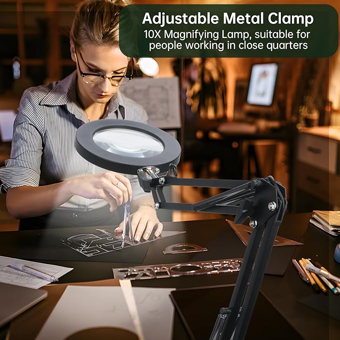Magnifying Glass with Light and Stand,10X Magnifying LED Desk Lamp with Base & Clamp,3 Color Modes,10 Adjustable Brightness 2-in-1 Adjustable Swivel Arm Lamp Craft Light for Hobby Reading
