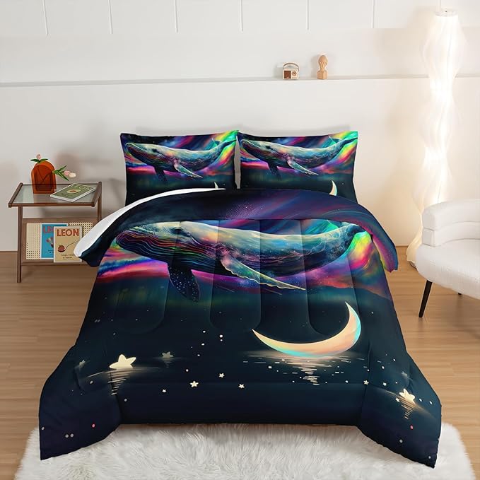 HOSIMA 3D Whale Galaxy Bedding Comforter Sets,Stars Moon Comforter Starry Room Decor Aesthetics,Ocean Theme Marine Life Whale Comforter with 2 Pillowcases Twin Bed in a Bag Sets for Adults Kids.